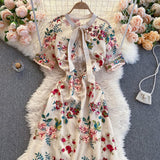 Women Dress Summer French Vintage Ladies Temperament Bow Collar Flowers Embroidery Elegant Dress Party Vestido