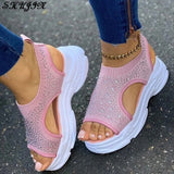 Women's Crystal Bling Wedge Comfortable Breathable Comfy Ladies Slip-on Sandal