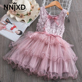 Summer  Girls Lace Cake Dress Kids Sleeveless Floral Mesh Wedding Dresses Children Clothing For Baby Girls 3 to 8 Years