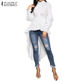 Fashion Women Ruffles Hem Shirt ZANZEA Elegant Lapel Neck Swallowtail Shirts Solid Long Sleeve High Waist Tops Irregular Blusas