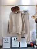 ALPHALMODA New Winter Hooded Sweatshirt Pants 2pcs Set Seasonal Trendy Thickened Warm Fleece Tracksuits Trousers Set Candy Colo