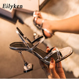 Eilyken New Silver Back Strap Sandals Transparent Perspex Heel Spike Crystal Slingbacks Women Wedding Pumps Shoes