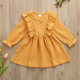 Kids Baby Girl Autumn Dress Ruffles Long Sleeve Solid Cotton Linen Party Casual Dress Clothes