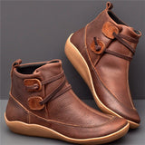 Women Retro Punk Boots Autumn Winter PU Leather Ankle Boots Flat Snow Boots Ladies Short Plush Strap Vintage Botas Mujer