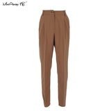 Mnealways18 Vintage Zipper Khaki Trousers Women High Waist Office Pants