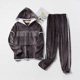 New Hooded Flannel Men's Pajama Pants 2 Pieces/Set Winter Thick Warm Sleepwear For Couples Casual Loose Home Costumes Set