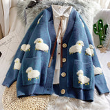 Autumn Winter Knitted Cardigan Cute Cartoon Print V Neck Women Sweater Coat Korean Style Cardigan Sweater For Women