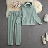 ALPHALMODA New Winter Hooded Sweatshirt Pants 2pcs Set Seasonal Trendy Thickened Warm Fleece Tracksuits Trousers Set Candy Colo