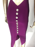Top Quality Sexy V Neck Button Split Black Purple Bandage Dress Knitted Elastic Elegant Evening Party Dress