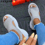 Women's Crystal Bling Wedge Comfortable Breathable Comfy Ladies Slip-on Sandal