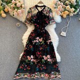Women Dress Summer French Vintage Ladies Temperament Bow Collar Flowers Embroidery Elegant Dress Party Vestido