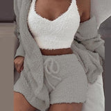 Winter Autumn Three Piece Sexy Fluffy Outfits Plush Velvet Hooded Cardigan Coat+Shorts+Crop Top Women Tracksuit Set Women Outfit