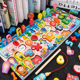Montessori Educational Wooden Toys Seven in one Number Plate Preschool Children's Fishing Puzzle Baby Early Education Math Toys