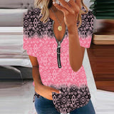Summer Loose Sexy Zipper V Neck Printed Pullover Ladies Blouse Fashion Vintage Short Sleeve Elegant Tops