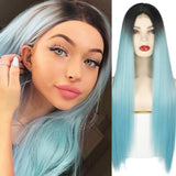 AZQUEEN Synthetic Hair Wig For Women Black Ombre Blue Long Straight 30 inch Can Be Cosplay Wigs Heat Resistant Middle Part Wigs