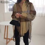 Stylish Solid Shirts Women's Asymmetrical Blouse ZANZEA Casual Lace Up Blusas Female Button Lapel Shirt Oversized Tunic