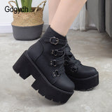 Gdgydh Comfortable High Heels Sole Buckle Black Leather Boots