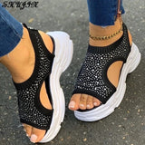Women's Crystal Bling Wedge Comfortable Breathable Comfy Ladies Slip-on Sandal