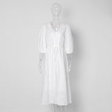 Jastie Autumn French White Maxi Dress Applique Embroidery Puff Sleeve V-Neck Dresses for Women Elegant Long Dress