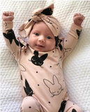 2Pcs Baby Girls Romper Cartoon Rabbit Pattern Cotton Long Sleeve Jumpsuit+Headband Outfits Set Newborn Infant Clothes