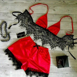 2PCS Women Underwear Sexy Silk Satin Lingerie Pajamas Crop Tops Bra+Shorts Sets Sexy Female V-Neck Sleeveless Nightwear