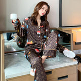 Pajamas Suit Women Satin Print Nightwear Casual 2PCS Pyjamas Set Sleepwear