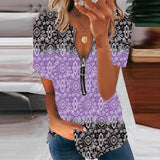 Summer Loose Sexy Zipper V Neck Printed Pullover Ladies Blouse Fashion Vintage Short Sleeve Elegant Tops