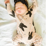 2Pcs Baby Girls Romper Cartoon Rabbit Pattern Cotton Long Sleeve Jumpsuit+Headband Outfits Set Newborn Infant Clothes