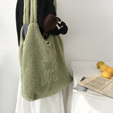 Women Lamb Like Fabric Shoulder Bag Simple Canvas Handbag Tote Large Capacity Embroidery Shopping Bag Cute Book Bags For Girls