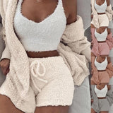 Winter Autumn Three Piece Sexy Fluffy Outfits Plush Velvet Hooded Cardigan Coat+Shorts+Crop Top Women Tracksuit Set Women Outfit