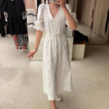 Jastie Autumn French White Maxi Dress Applique Embroidery Puff Sleeve V-Neck Dresses for Women Elegant Long Dress