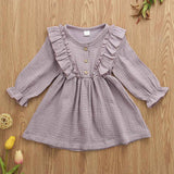 Kids Baby Girl Autumn Dress Ruffles Long Sleeve Solid Cotton Linen Party Casual Dress Clothes