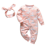 2Pcs Baby Girls Romper Cartoon Rabbit Pattern Cotton Long Sleeve Jumpsuit+Headband Outfits Set Newborn Infant Clothes
