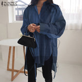 Stylish Solid Shirts Women's Asymmetrical Blouse ZANZEA Casual Lace Up Blusas Female Button Lapel Shirt Oversized Tunic