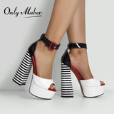 Onlymaker Women Sandals Platform Peep Toe Chunky Square Heels Ankle Strap Sandals Black And White Stripes Party Fashion Shoes