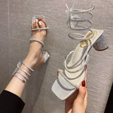 Sandals Fashion Luxury Square Toe Club Rhinestone Snake Wrap High Heel Birthday Wedding Party Shoes