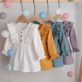 Kids Baby Girl Autumn Dress Ruffles Long Sleeve Solid Cotton Linen Party Casual Dress Clothes