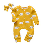 2Pcs Baby Girls Romper Cartoon Rabbit Pattern Cotton Long Sleeve Jumpsuit+Headband Outfits Set Newborn Infant Clothes