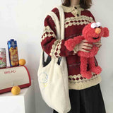 Women Lamb Like Fabric Shoulder Bag Simple Canvas Handbag Tote Large Capacity Embroidery Shopping Bag Cute Book Bags For Girls