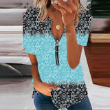 Summer Loose Sexy Zipper V Neck Printed Pullover Ladies Blouse Fashion Vintage Short Sleeve Elegant Tops