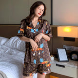 Pajamas Suit Women Satin Print Nightwear Casual 2PCS Pyjamas Set Sleepwear