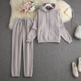 ALPHALMODA New Winter Hooded Sweatshirt Pants 2pcs Set Seasonal Trendy Thickened Warm Fleece Tracksuits Trousers Set Candy Colo