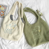 Women Lamb Like Fabric Shoulder Bag Simple Canvas Handbag Tote Large Capacity Embroidery Shopping Bag Cute Book Bags For Girls