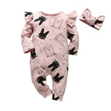 2Pcs Baby Girls Romper Cartoon Rabbit Pattern Cotton Long Sleeve Jumpsuit+Headband Outfits Set Newborn Infant Clothes