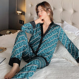 Pajamas Suit Women Satin Print Nightwear Casual 2PCS Pyjamas Set Sleepwear