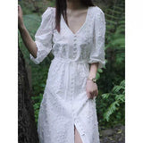 Jastie Autumn French White Maxi Dress Applique Embroidery Puff Sleeve V-Neck Dresses for Women Elegant Long Dress