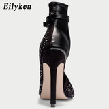 Eilyken New Women Crystal Sandals Ankle Straps Buckle Transparent Cover Heel Pumps Ladies Sandals Party Shoes size 35-43