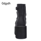 Gdgydh Comfortable High Heels Sole Buckle Black Leather Boots