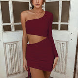 ZHYMIHRET One Shoulder Ruched Waist Hollow Out Dress