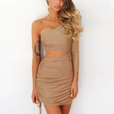 ZHYMIHRET One Shoulder Ruched Waist Hollow Out Dress